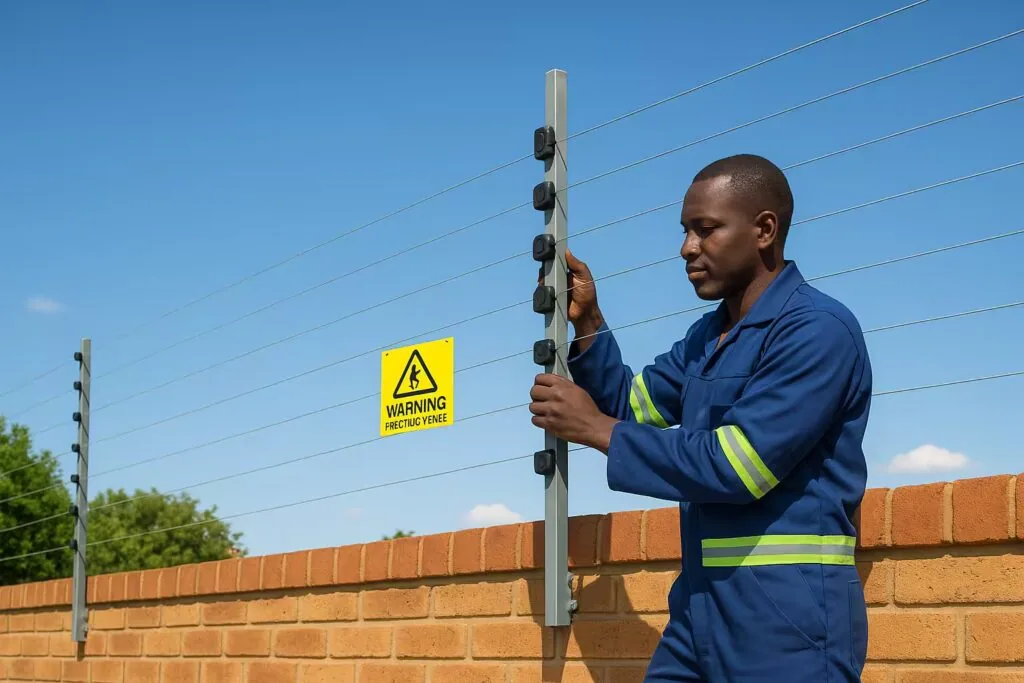 Illustrative photo of a technician installing electric fencing on a wall
