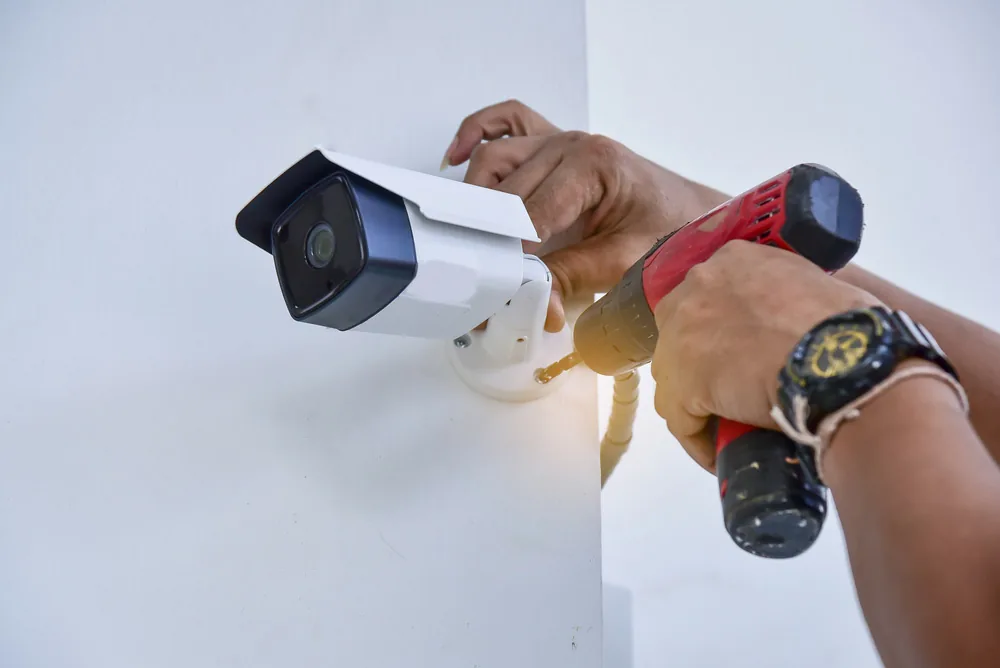 Illustrative photo of a technician installing a CCTV security camera